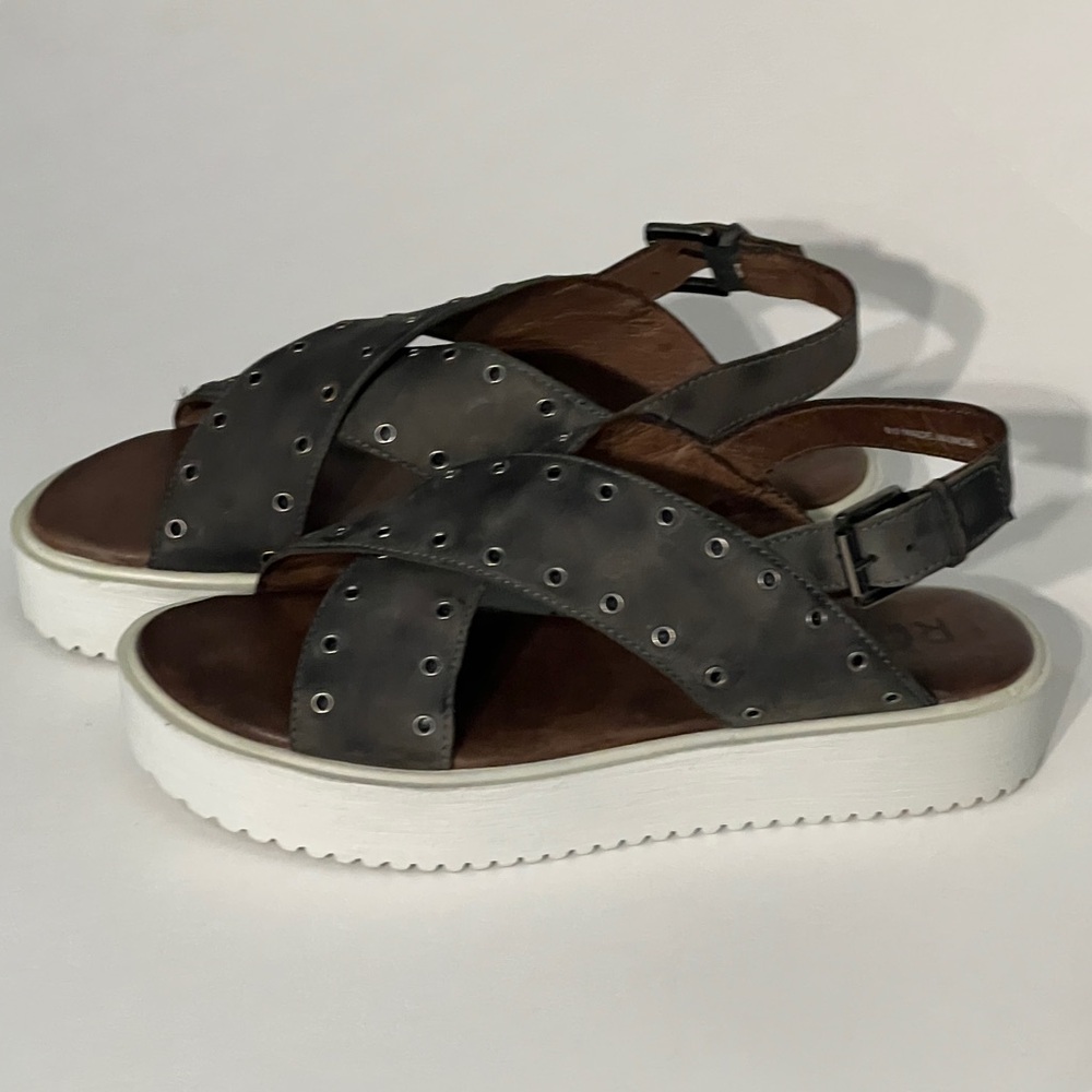 Bed Stu Roan Hali Platform Sandals, size 8.5. Grey  Leather heel strap grommets
